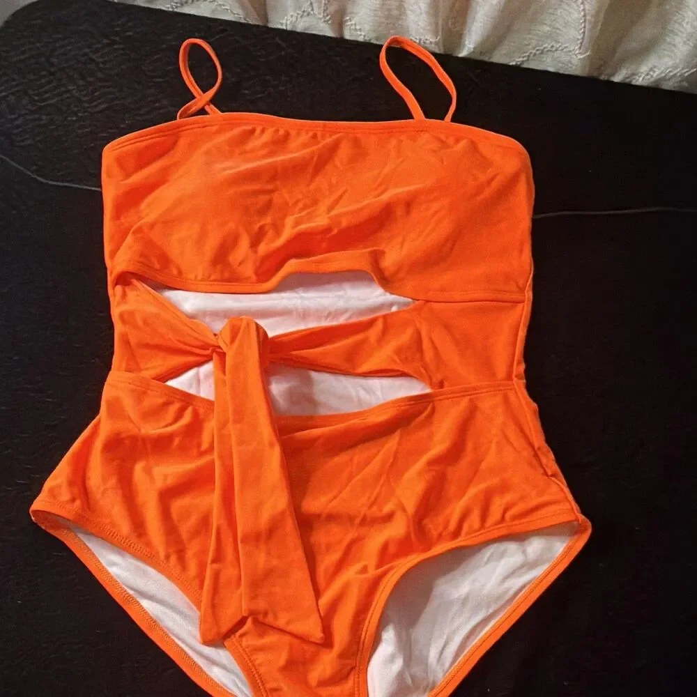Women's Orange Solid Bandeau One Piece Swimsuit Cutout Tie Front Straps, L